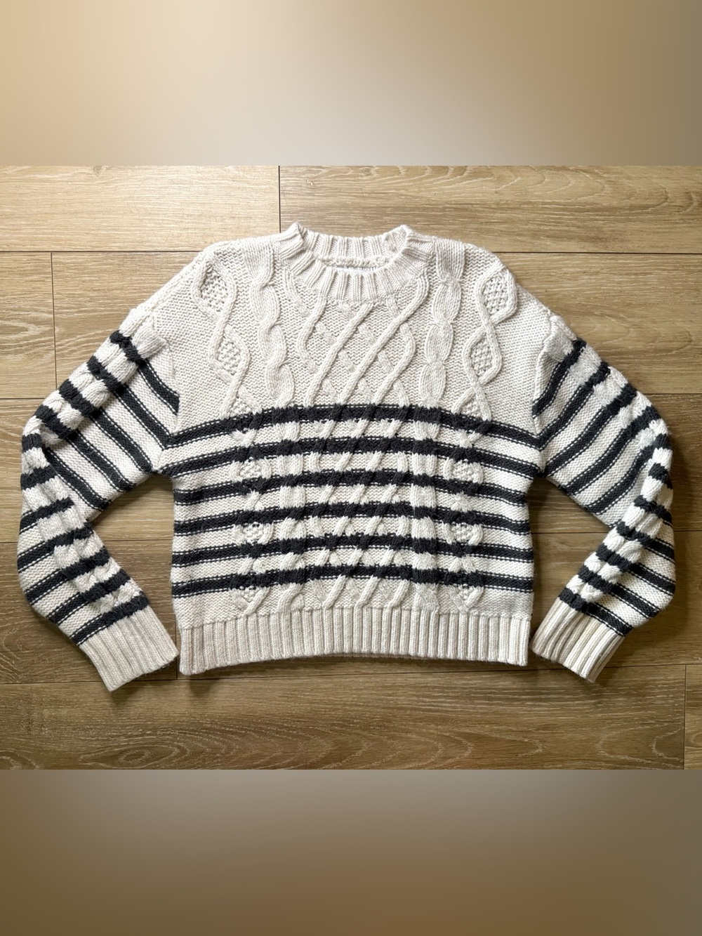 American Eagle Outfitters Cream Cable-Knit Sweater with Black Stripes